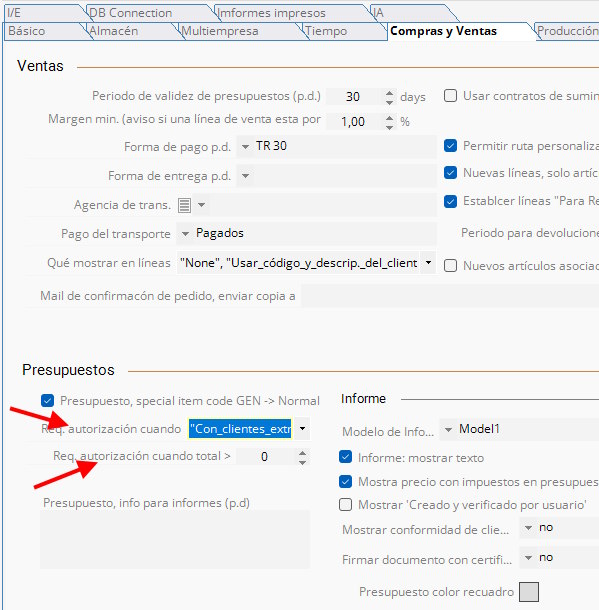 Configuración de condiciones de autorización en Presupuestos, ampliada