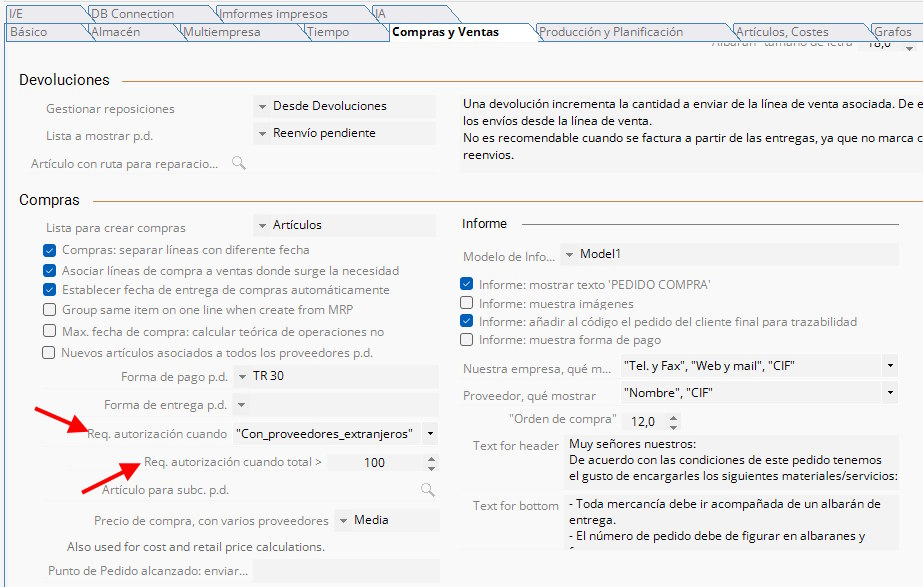 Configuración de condiciones de autorización en Compras, ampliada