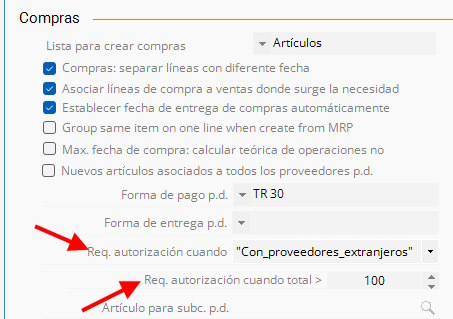 Configuración de condiciones de autorización en Compras