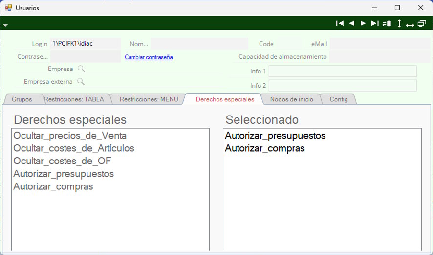Ficha de usuario, pestaña Derechos especiales