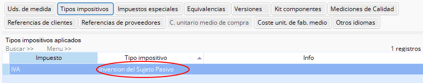 Ficha de producto con tipo de IVA Inversión del Sujeto Pasivo