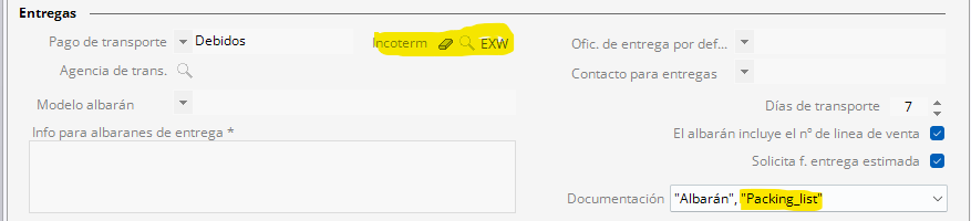 Ficha de cliente, sección Entregas