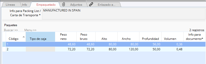 Albarán, pestaña Empaquetado